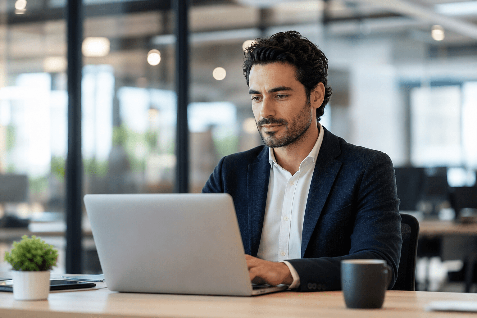 Professional man working on laptop in modern office